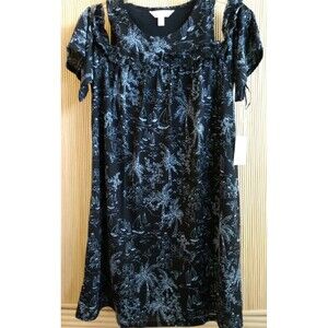 Lauren Conrad Women's Dress Small Cold-Shoulder Blue Tropical Palm Trees Ruffle